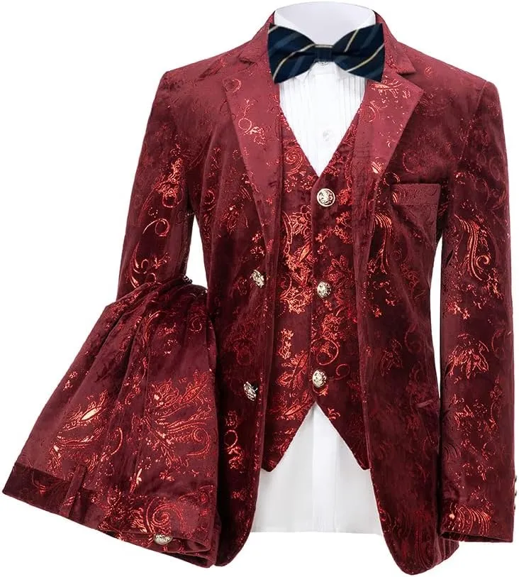 Boy Suits 5 Pieces Outfit Set Boys Velvet Suit Blazer Vest Pants Formal Tuxedo Slim Dresswear