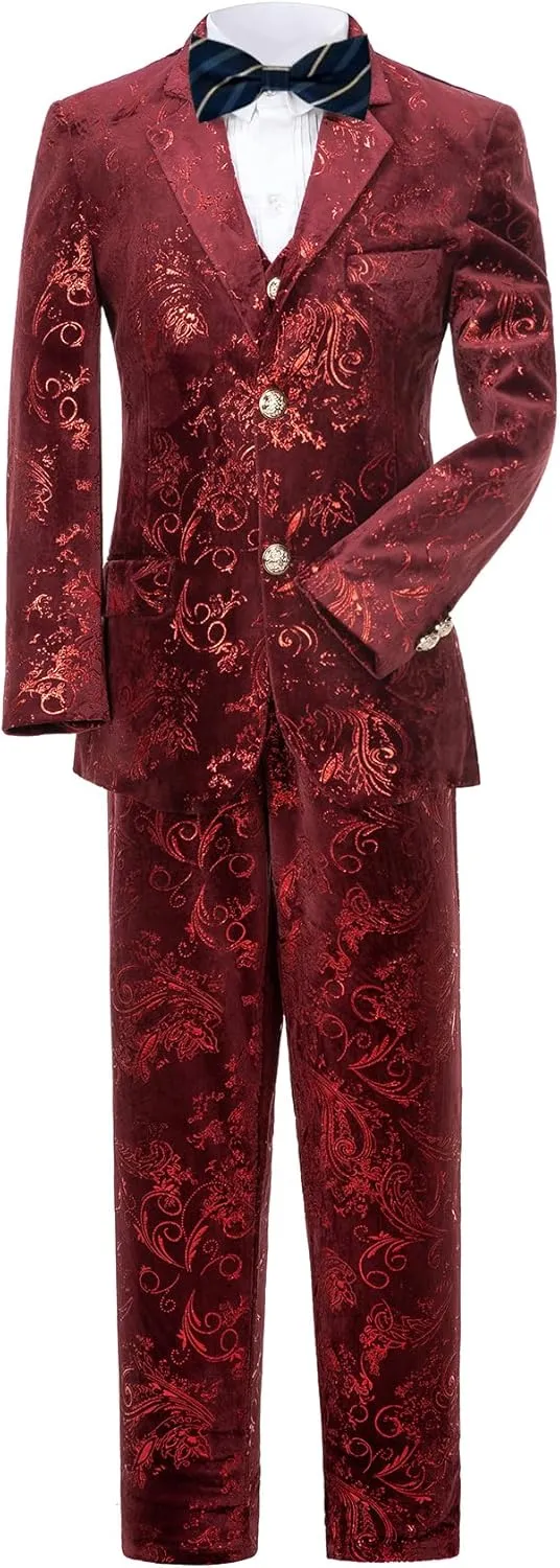 Boy Suits 5 Pieces Outfit Set Boys Velvet Suit Blazer Vest Pants Formal Tuxedo Slim Dresswear