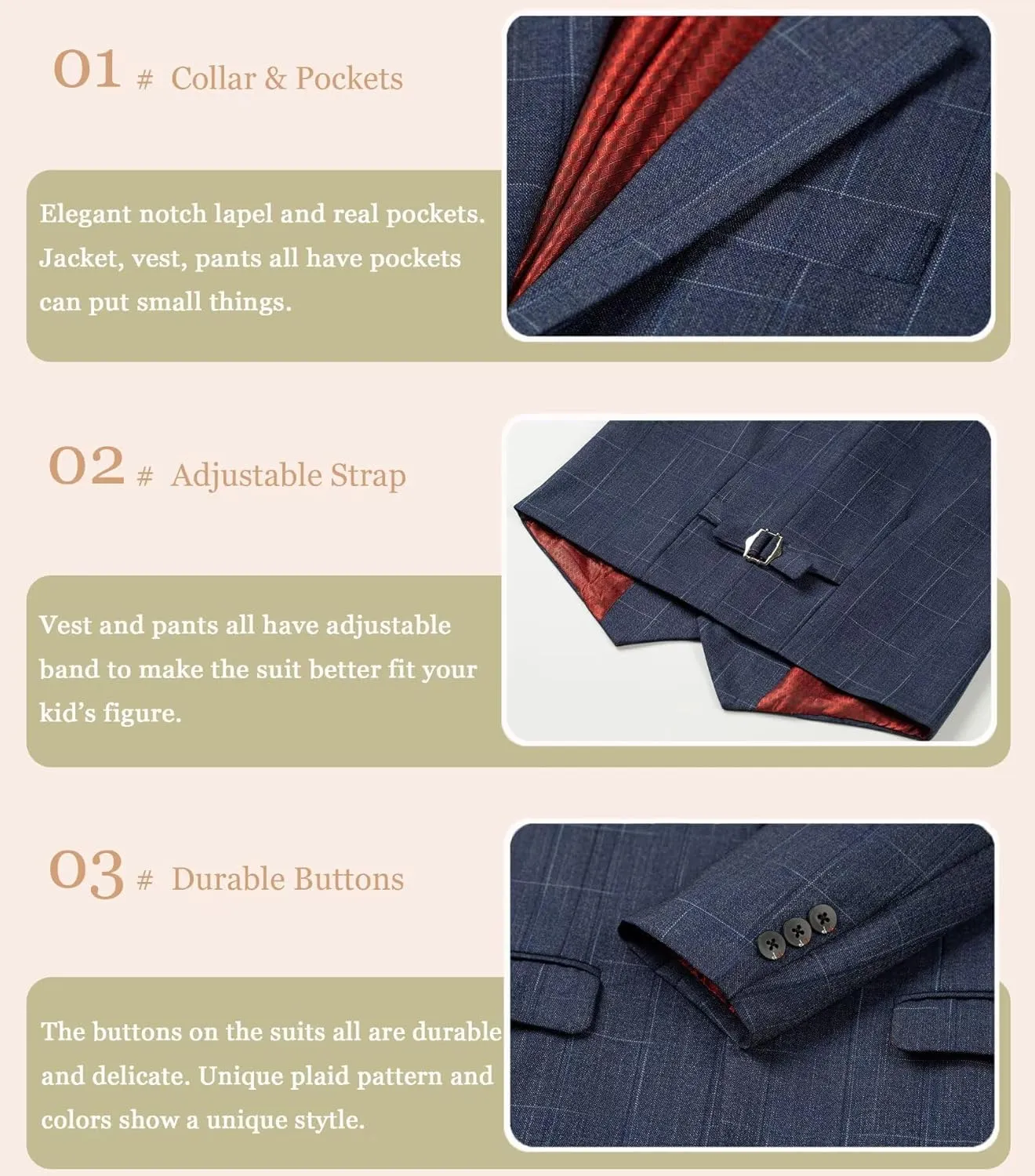 Boy's Suit Kids Plaid Suits for Boy Wedding Outfits Boys Plaid Blazer Vest Pants Ties Formal Suit Set