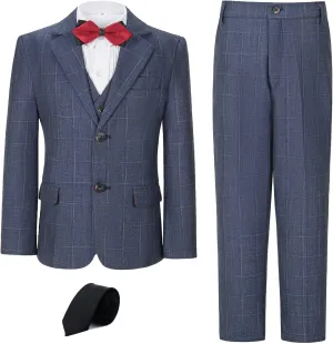 Boy's Suit Kids Plaid Suits for Boy Wedding Outfits Boys Plaid Blazer Vest Pants Ties Formal Suit Set