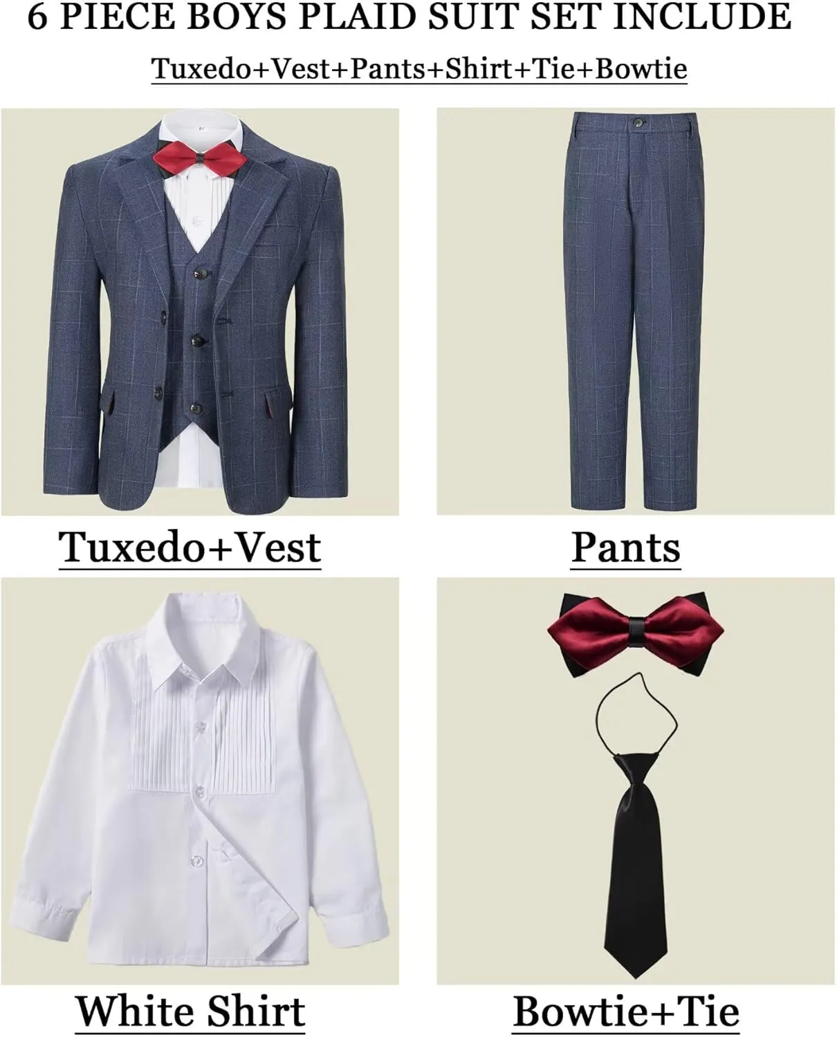 Boy's Suit Kids Plaid Suits for Boy Wedding Outfits Boys Plaid Blazer Vest Pants Ties Formal Suit Set