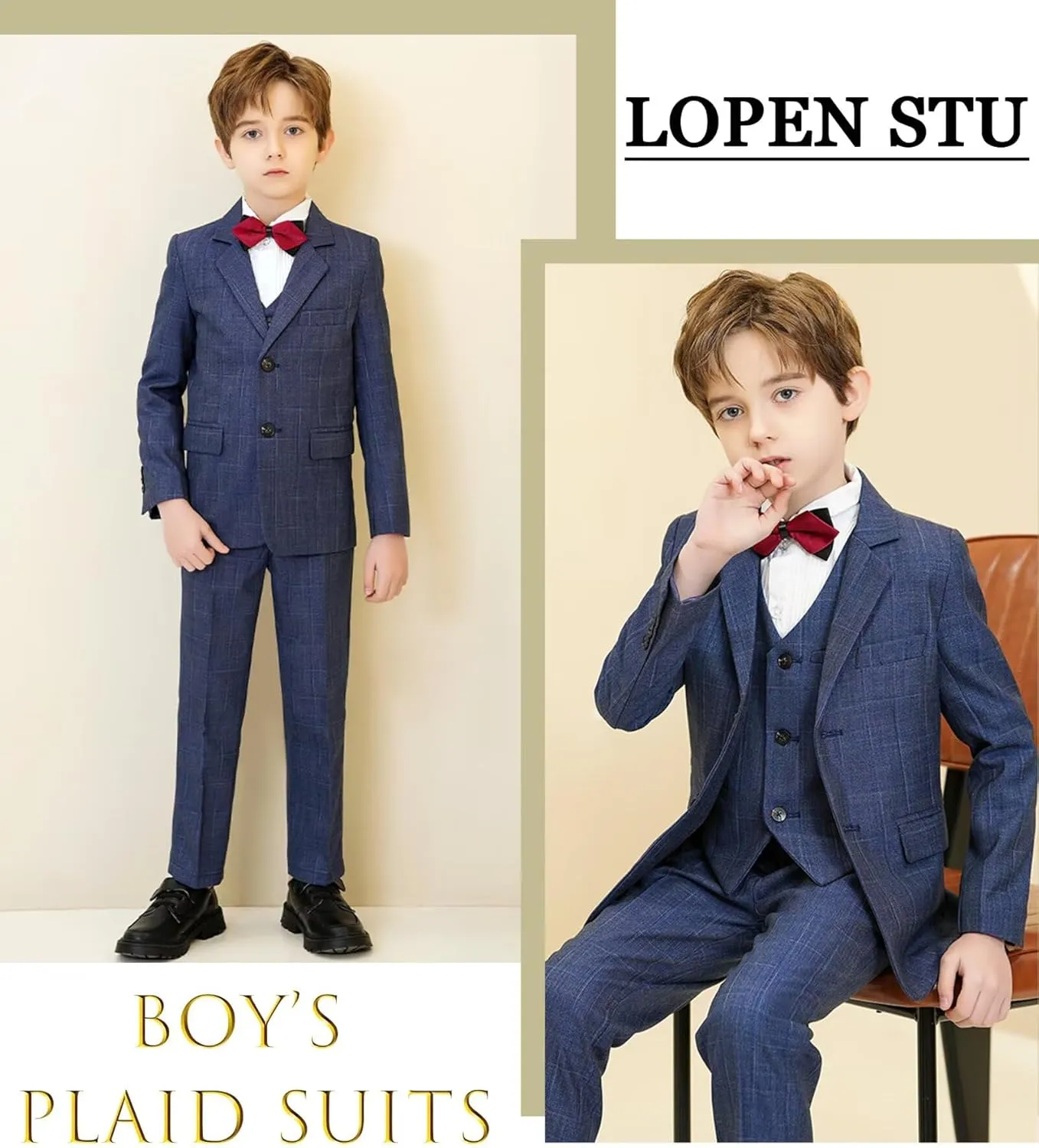 Boy's Suit Kids Plaid Suits for Boy Wedding Outfits Boys Plaid Blazer Vest Pants Ties Formal Suit Set
