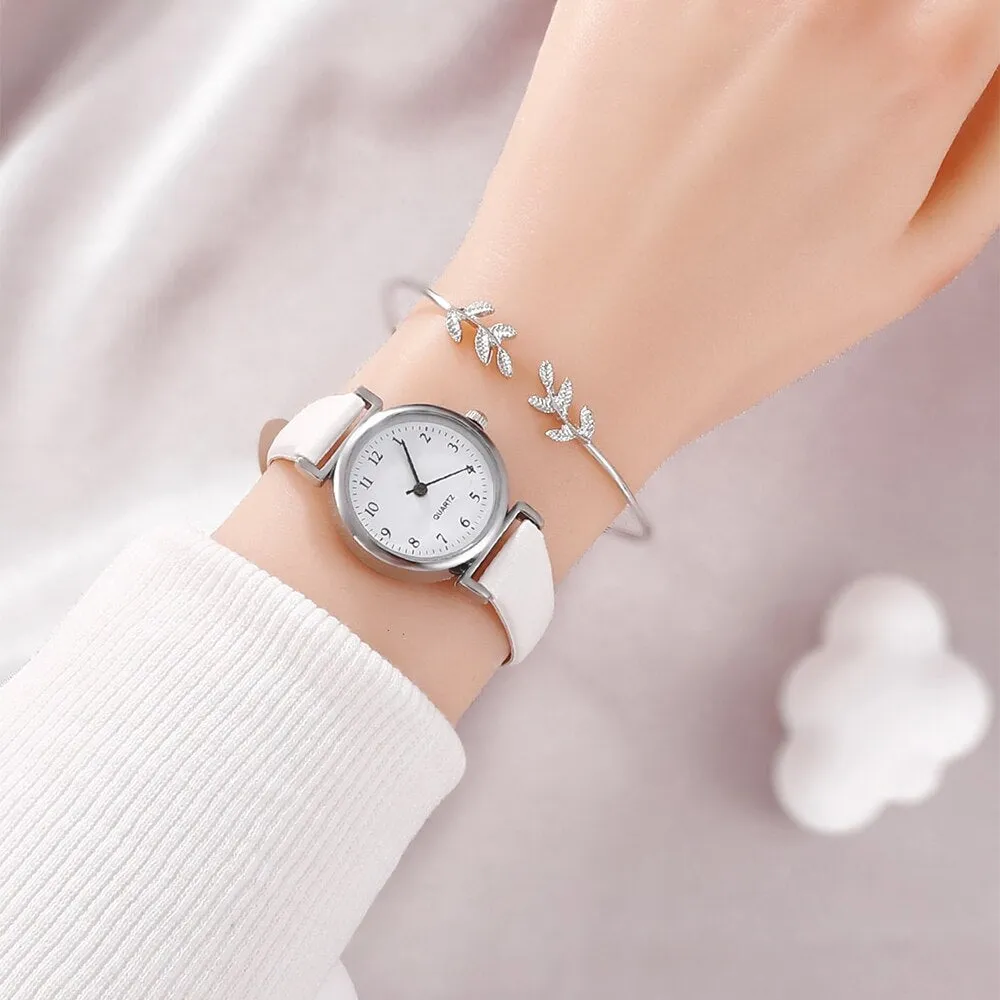 Bracelet Quartz Watch Women Watch Bracelet Set White Dial Simple Leather Luxury Ladies Watch