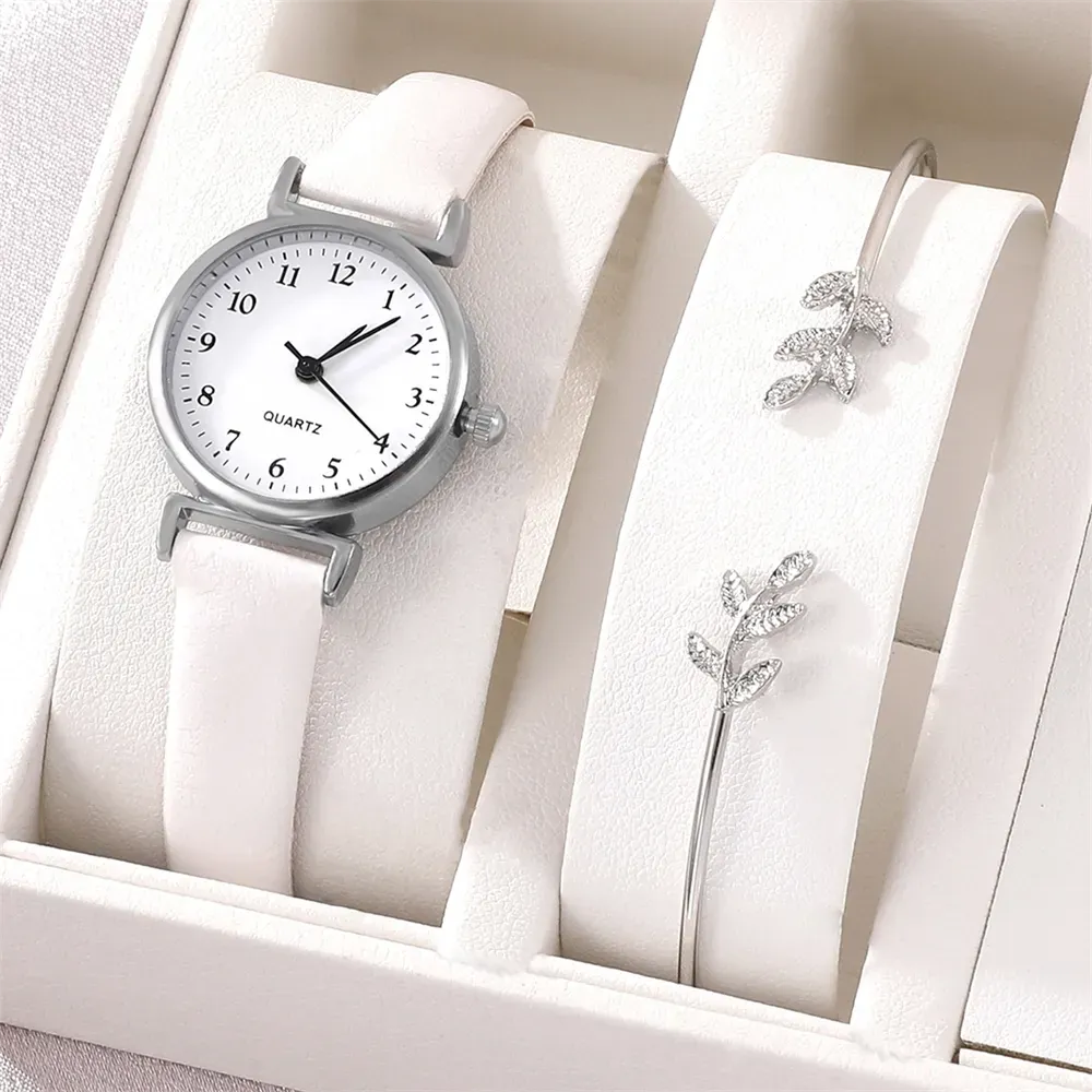Bracelet Quartz Watch Women Watch Bracelet Set White Dial Simple Leather Luxury Ladies Watch