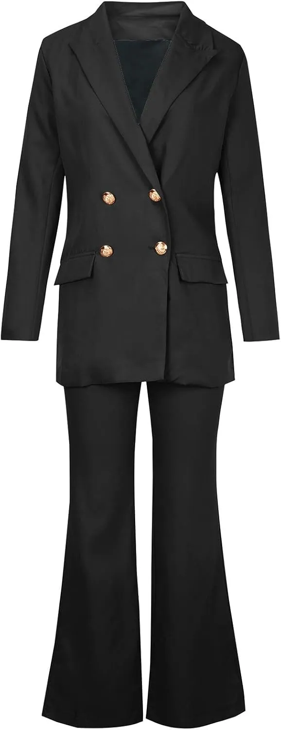 Business Casual Clothes for Women Fashion Work Suit Two Piece Outfits Dressy Button Blazer and Wide Leg Pant Suit Set