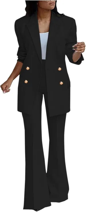 Business Casual Clothes for Women Fashion Work Suit Two Piece Outfits Dressy Button Blazer and Wide Leg Pant Suit Set