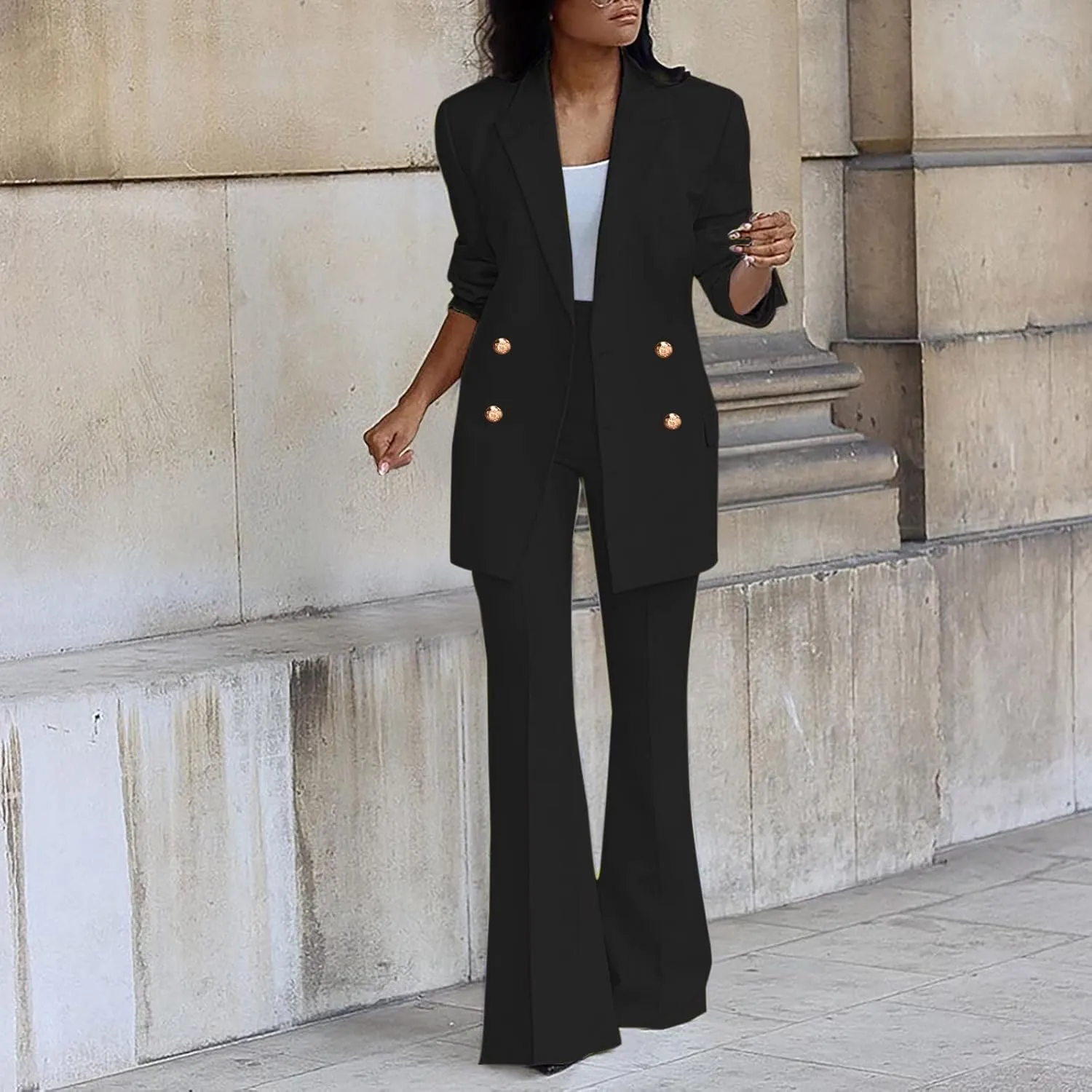 Business Casual Clothes for Women Fashion Work Suit Two Piece Outfits Dressy Button Blazer and Wide Leg Pant Suit Set