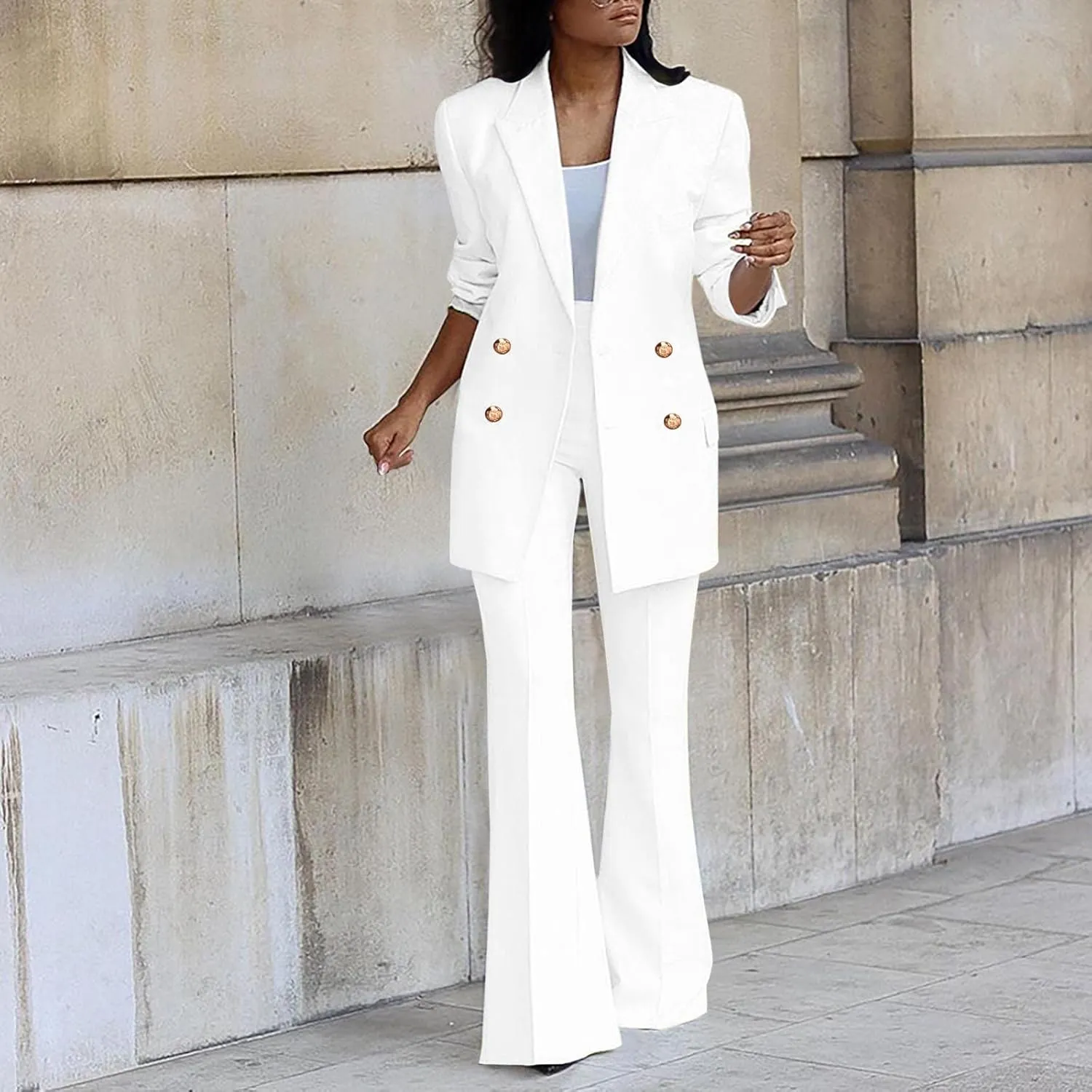 Business Casual Clothes for Women Fashion Work Suit Two Piece Outfits Dressy Button Blazer and Wide Leg Pant Suit Set
