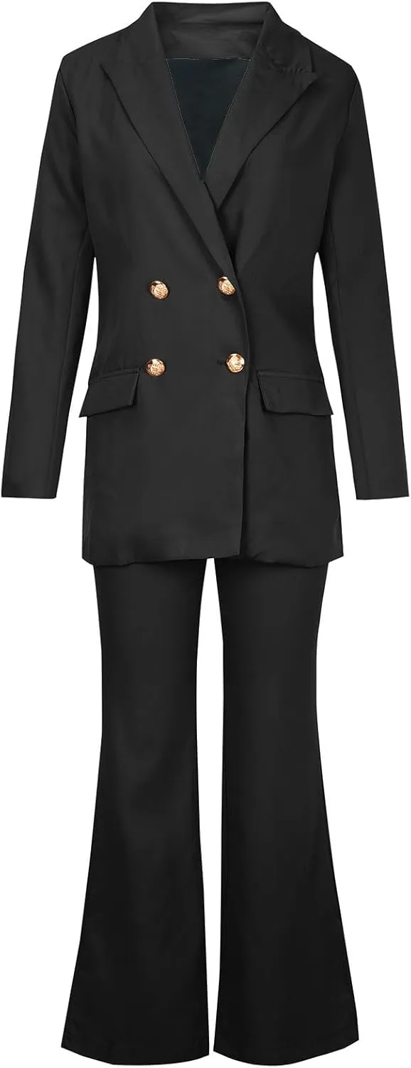 Business Casual Clothes for Women Fashion Work Suit Two Piece Outfits Dressy Button Blazer and Wide Leg Pant Suit Set