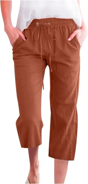 Capri Pants for Women Casual Summer Elastic High Waist Drawstring Linen Straight Cropped Trouser Comfy Beach Pants