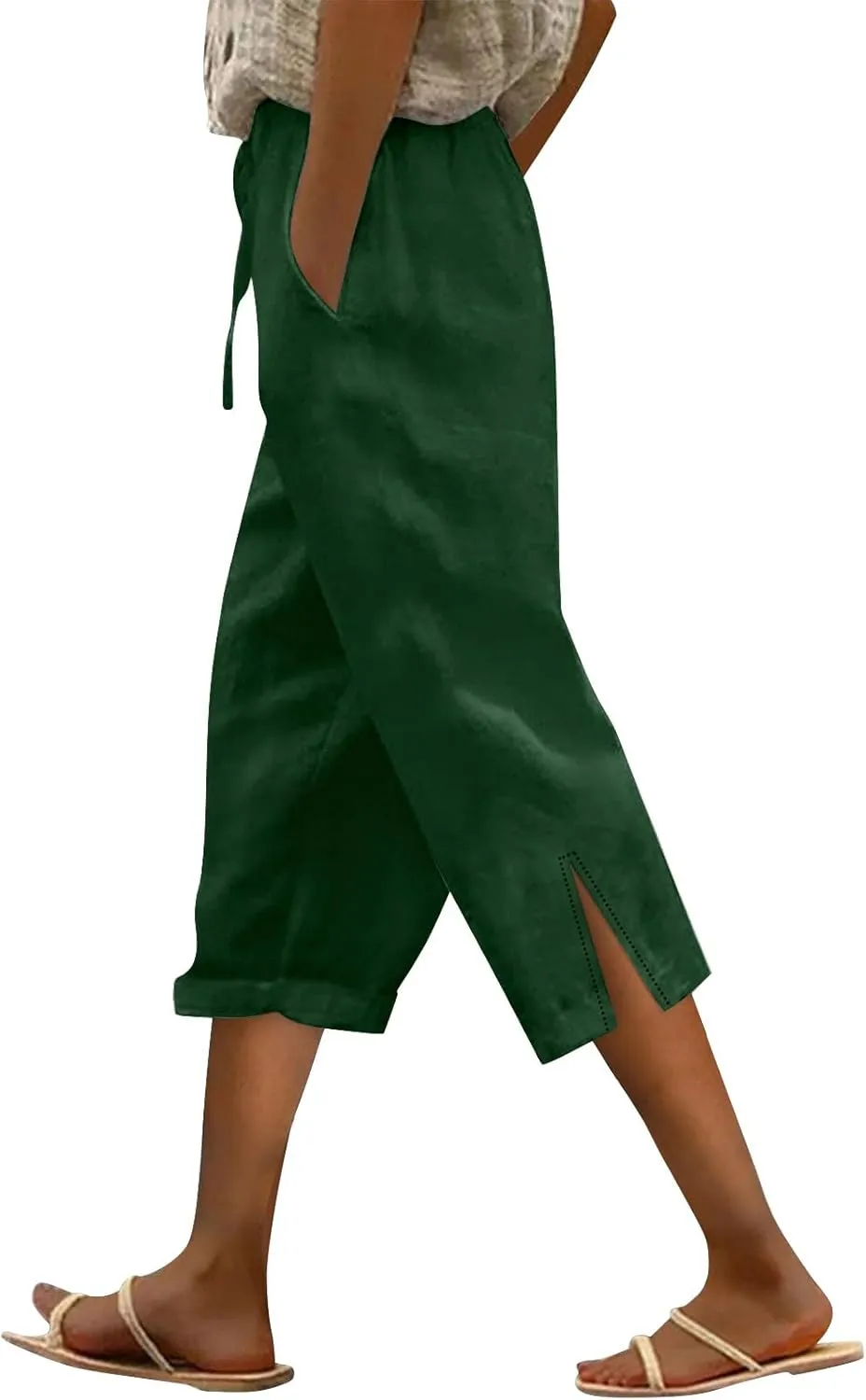 Capris Linen Pants for Women 2025 Summer High Waist Elastic Straight Leg Lounge Pant Lightweight Beach Trousers