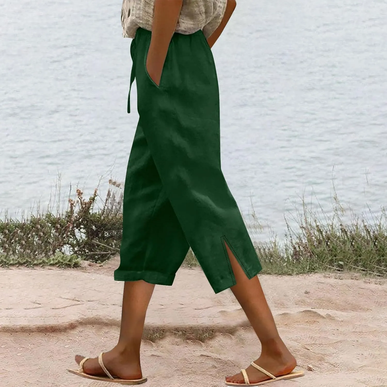 Capris Linen Pants for Women 2025 Summer High Waist Elastic Straight Leg Lounge Pant Lightweight Beach Trousers