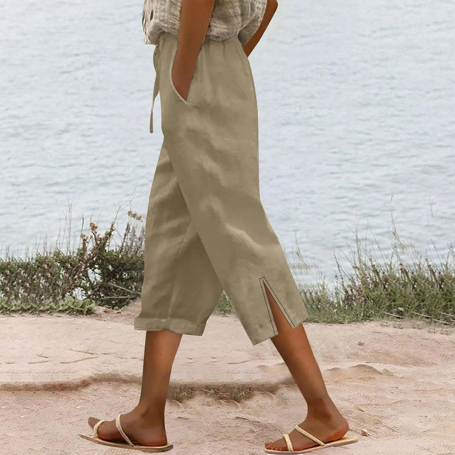 Capris Linen Pants for Women 2025 Summer High Waist Elastic Straight Leg Lounge Pant Lightweight Beach Trousers