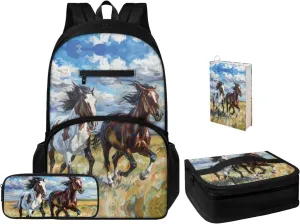 Cartoon Horse School Backpack for Boys 12-14 Kids Backpack Set 17 Inch Multi-functional Bookbag Insulated Portable Lunch Bag Small Pen Case Book Sleeve 4 in 1
