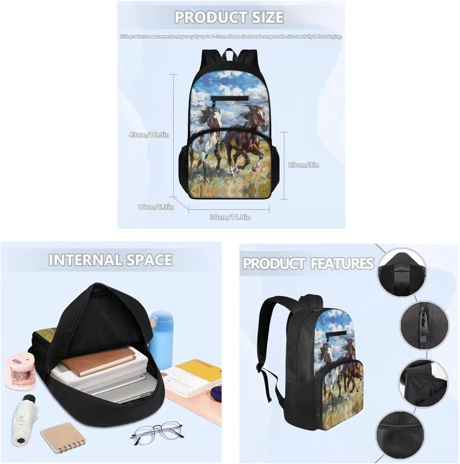 Cartoon Horse School Backpack for Boys 12-14 Kids Backpack Set 17 Inch Multi-functional Bookbag Insulated Portable Lunch Bag Small Pen Case Book Sleeve 4 in 1