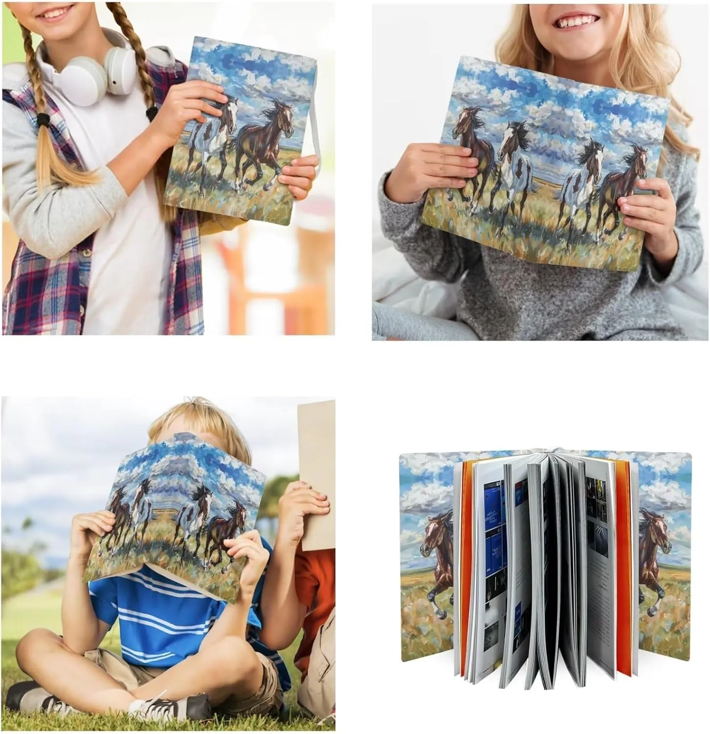 Cartoon Horse School Backpack for Boys 12-14 Kids Backpack Set 17 Inch Multi-functional Bookbag Insulated Portable Lunch Bag Small Pen Case Book Sleeve 4 in 1