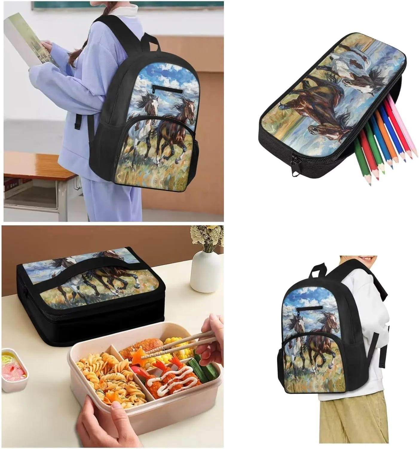 Cartoon Horse School Backpack for Boys 12-14 Kids Backpack Set 17 Inch Multi-functional Bookbag Insulated Portable Lunch Bag Small Pen Case Book Sleeve 4 in 1