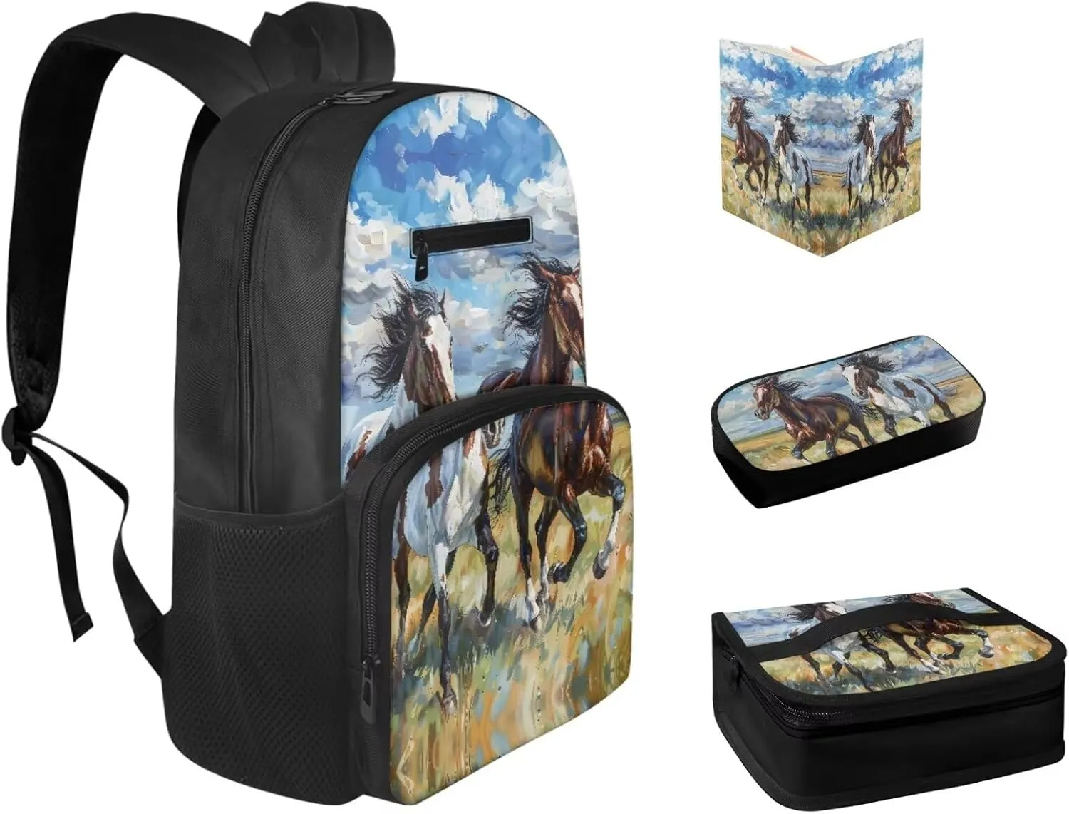 Cartoon Horse School Backpack for Boys 12-14 Kids Backpack Set 17 Inch Multi-functional Bookbag Insulated Portable Lunch Bag Small Pen Case Book Sleeve 4 in 1