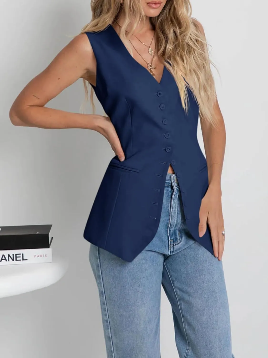 Cicy Bell Womens Button Down Suit Vests Casual Business V Neck Waistcoat Tops Summer Fitted Work Office Sleeveless Blazer
