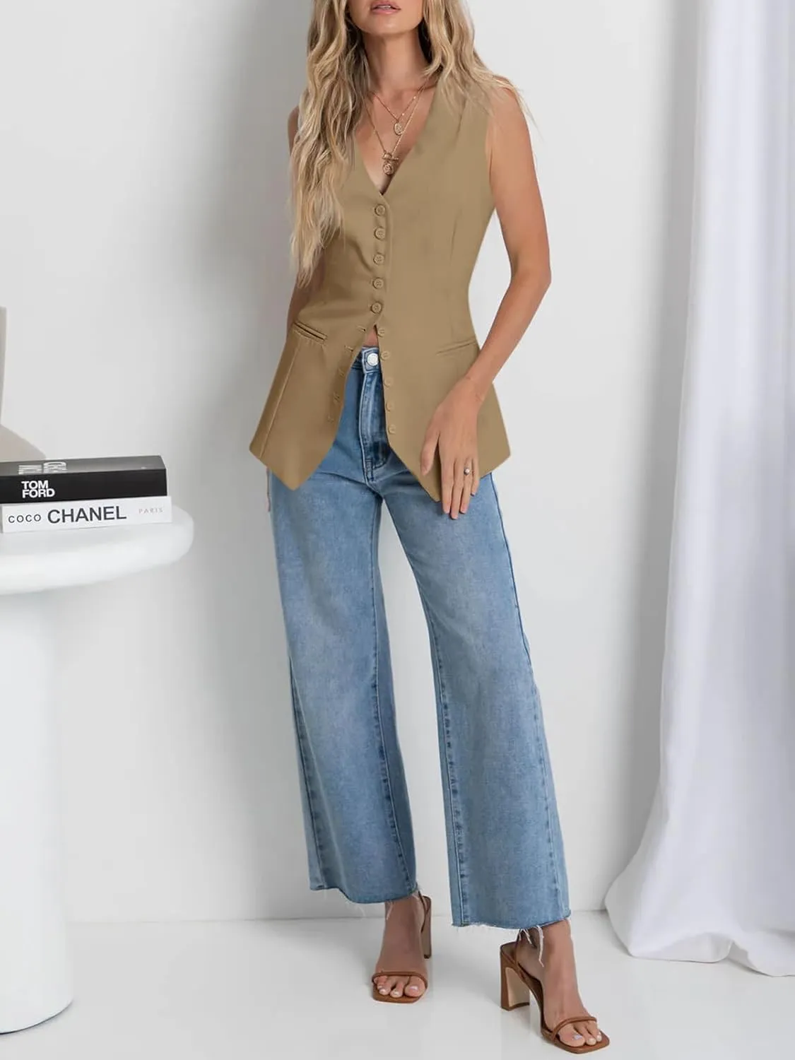Cicy Bell Womens Button Down Suit Vests Casual Business V Neck Waistcoat Tops Summer Fitted Work Office Sleeveless Blazer