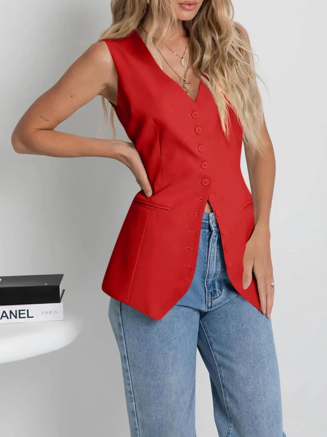 Cicy Bell Womens Button Down Suit Vests Casual Business V Neck Waistcoat Tops Summer Fitted Work Office Sleeveless Blazer