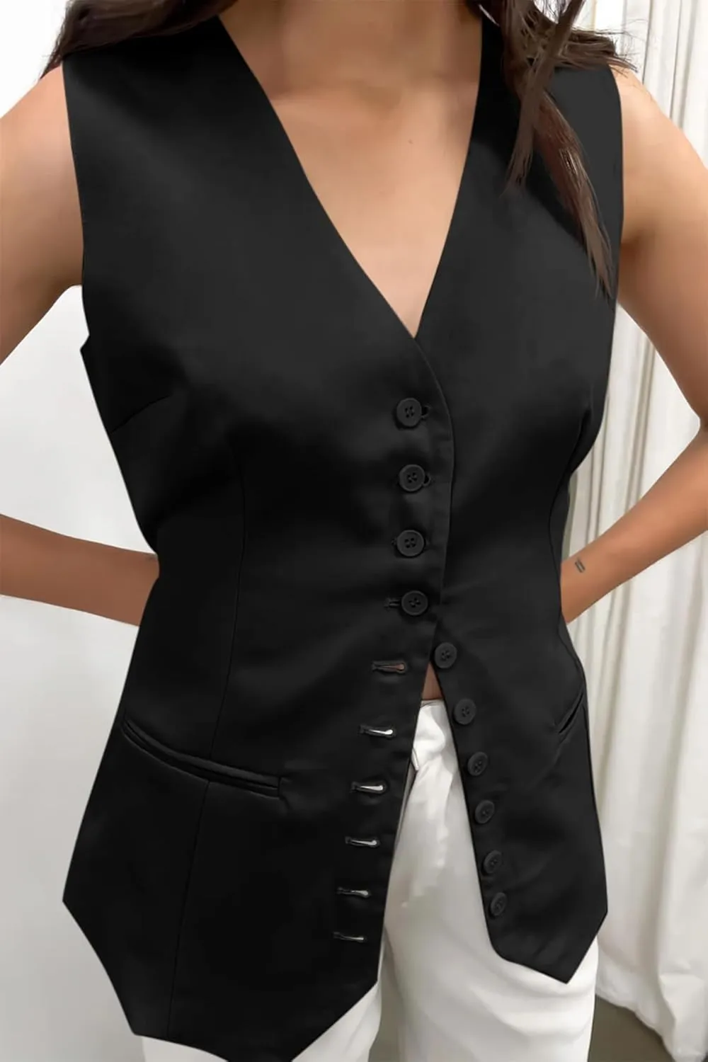 Cicy Bell Womens Button Down Suit Vests Casual Business V Neck Waistcoat Tops Summer Fitted Work Office Sleeveless Blazer