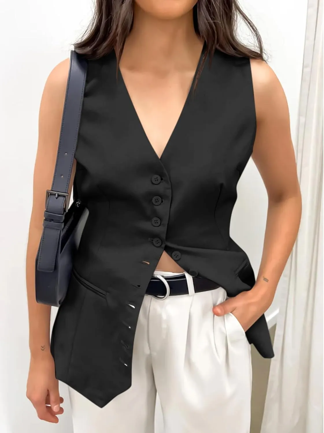 Cicy Bell Womens Button Down Suit Vests Casual Business V Neck Waistcoat Tops Summer Fitted Work Office Sleeveless Blazer