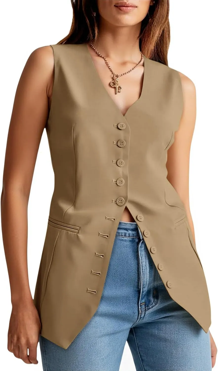 Cicy Bell Womens Button Down Suit Vests Casual Business V Neck Waistcoat Tops Summer Fitted Work Office Sleeveless Blazer