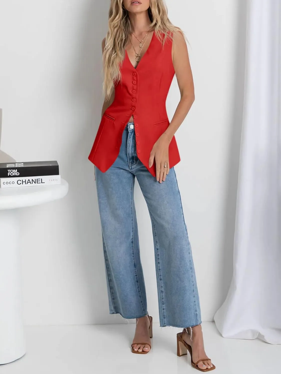 Cicy Bell Womens Button Down Suit Vests Casual Business V Neck Waistcoat Tops Summer Fitted Work Office Sleeveless Blazer