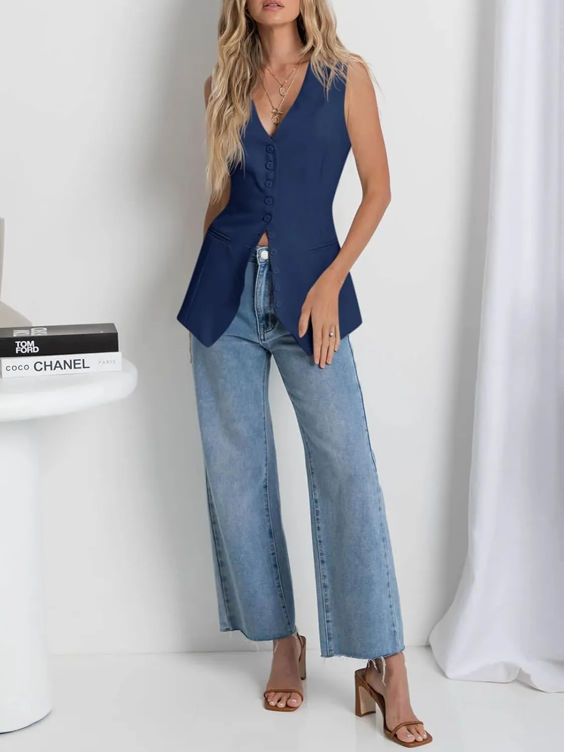 Cicy Bell Womens Button Down Suit Vests Casual Business V Neck Waistcoat Tops Summer Fitted Work Office Sleeveless Blazer