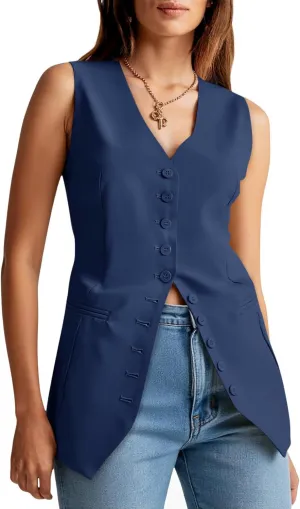 Cicy Bell Womens Button Down Suit Vests Casual Business V Neck Waistcoat Tops Summer Fitted Work Office Sleeveless Blazer