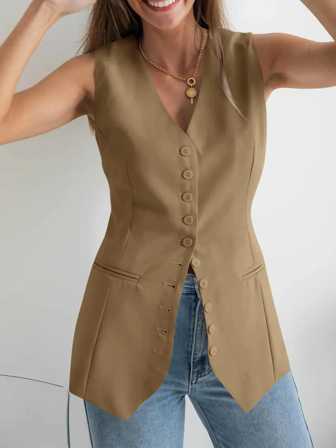 Cicy Bell Womens Button Down Suit Vests Casual Business V Neck Waistcoat Tops Summer Fitted Work Office Sleeveless Blazer