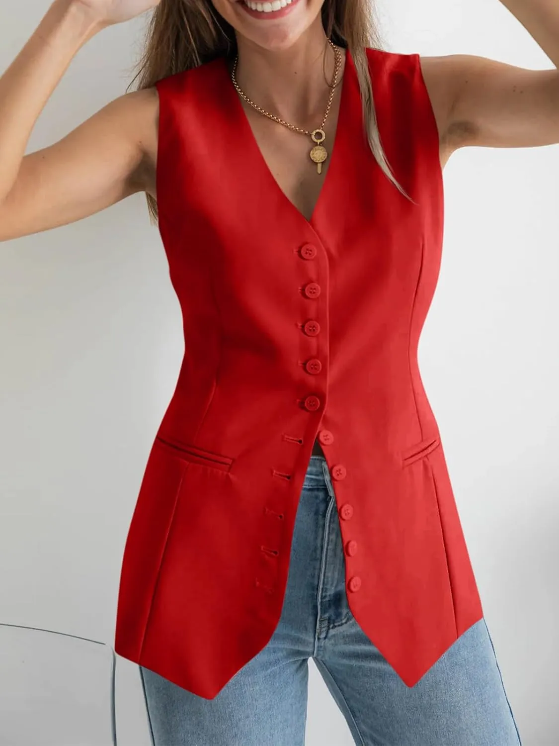 Cicy Bell Womens Button Down Suit Vests Casual Business V Neck Waistcoat Tops Summer Fitted Work Office Sleeveless Blazer