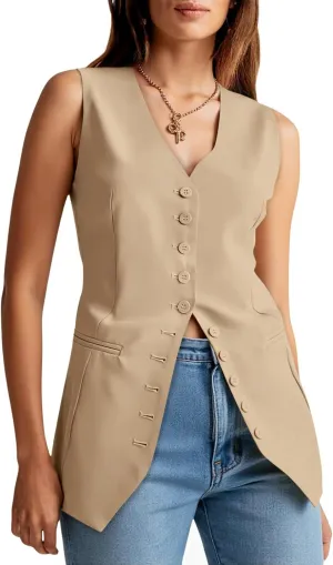 Cicy Bell Womens Button Down Suit Vests Casual Business V Neck Waistcoat Tops Summer Fitted Work Office Sleeveless Blazer