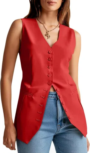Cicy Bell Womens Button Down Suit Vests Casual Business V Neck Waistcoat Tops Summer Fitted Work Office Sleeveless Blazer