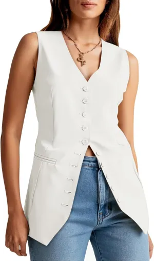Cicy Bell Womens Button Down Suit Vests Casual Business V Neck Waistcoat Tops Summer Fitted Work Office Sleeveless Blazer