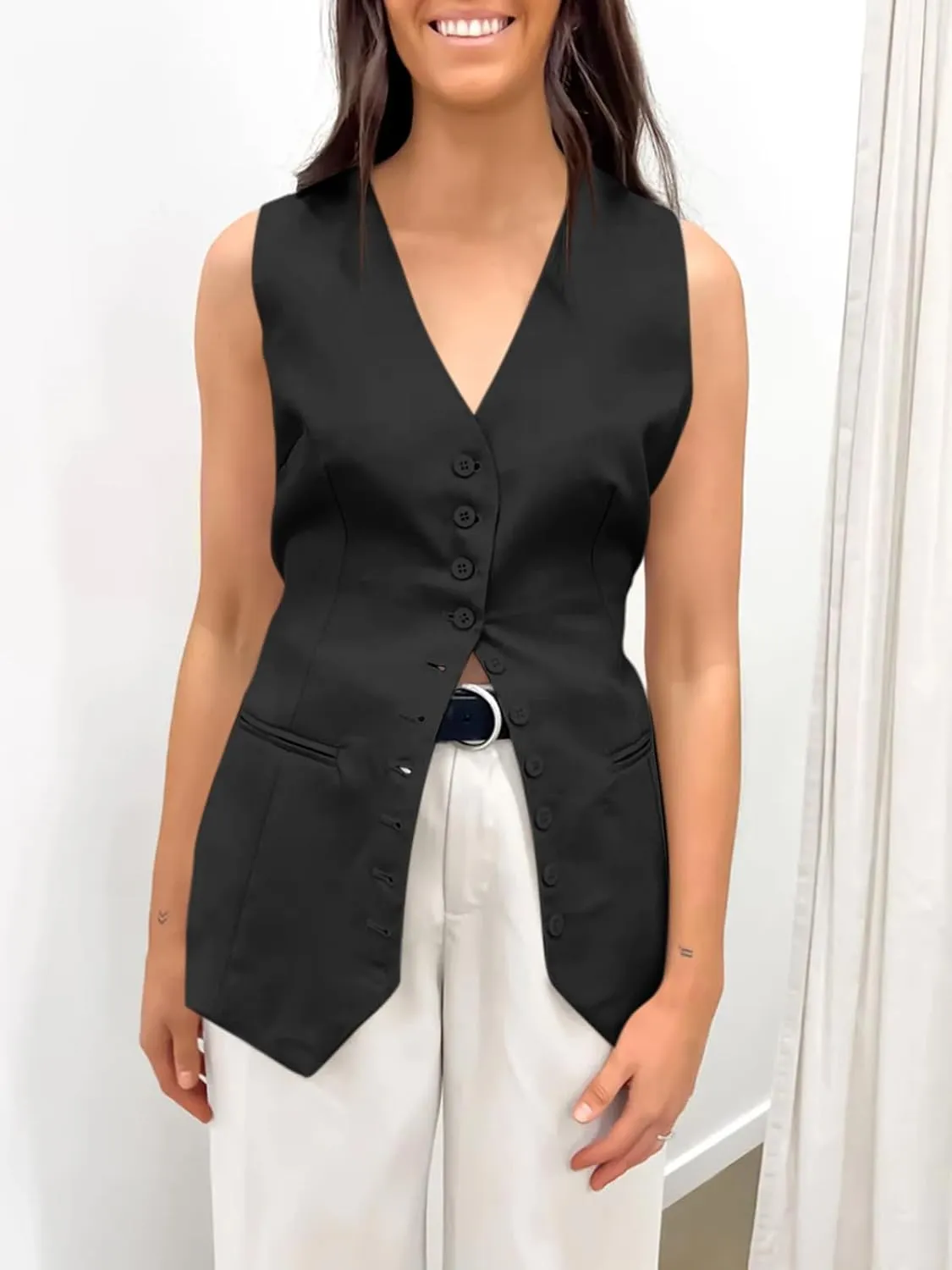 Cicy Bell Womens Button Down Suit Vests Casual Business V Neck Waistcoat Tops Summer Fitted Work Office Sleeveless Blazer