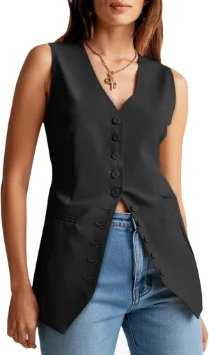 Cicy Bell Womens Button Down Suit Vests Casual Business V Neck Waistcoat Tops Summer Fitted Work Office Sleeveless Blazer