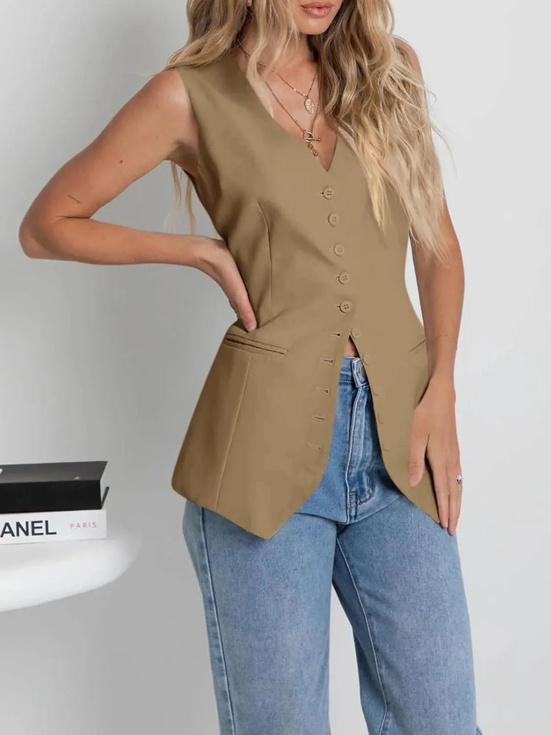 Cicy Bell Womens Button Down Suit Vests Casual Business V Neck Waistcoat Tops Summer Fitted Work Office Sleeveless Blazer