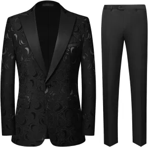 Cloudstyle Mens 2 Piece Floral Jacquard Dress Suit Set 1 Button Print Dinner Jacket Pants