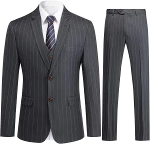 Cloudstyle Mens 3 Piece Stripe Suit Set Center Vent 2 Button Tux Blazer Jacket Vest Trousers