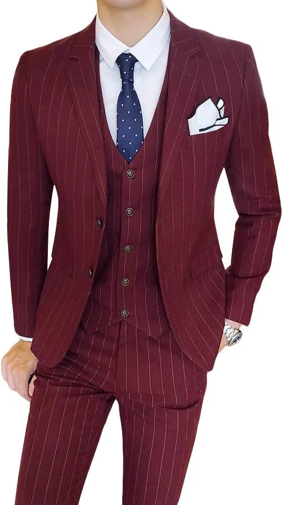 Cloudstyle Mens 3 Piece Stripe Suit Set Center Vent 2 Button Tux Blazer Jacket Vest Trousers