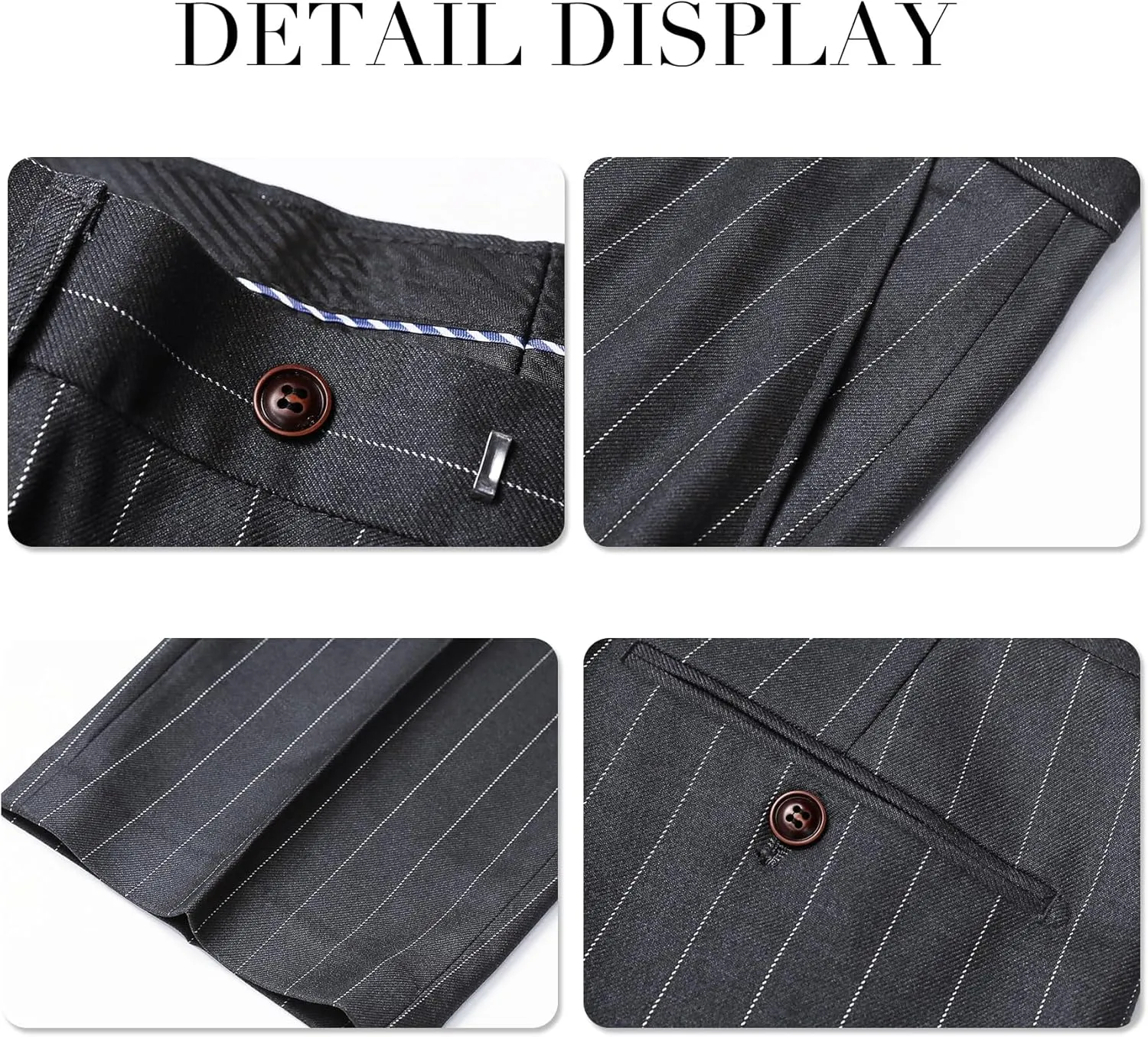Cloudstyle Mens 3 Piece Stripe Suit Set Center Vent 2 Button Tux Blazer Jacket Vest Trousers