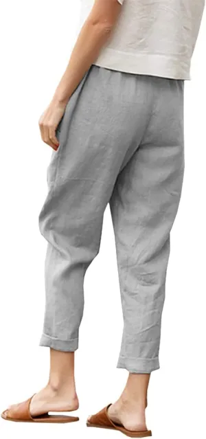 Costaric Womens Summer Casual Linen Capris Pant High Elastic Waist Comfy Loose Wide Leg Beach Linen Trousers with Pockets