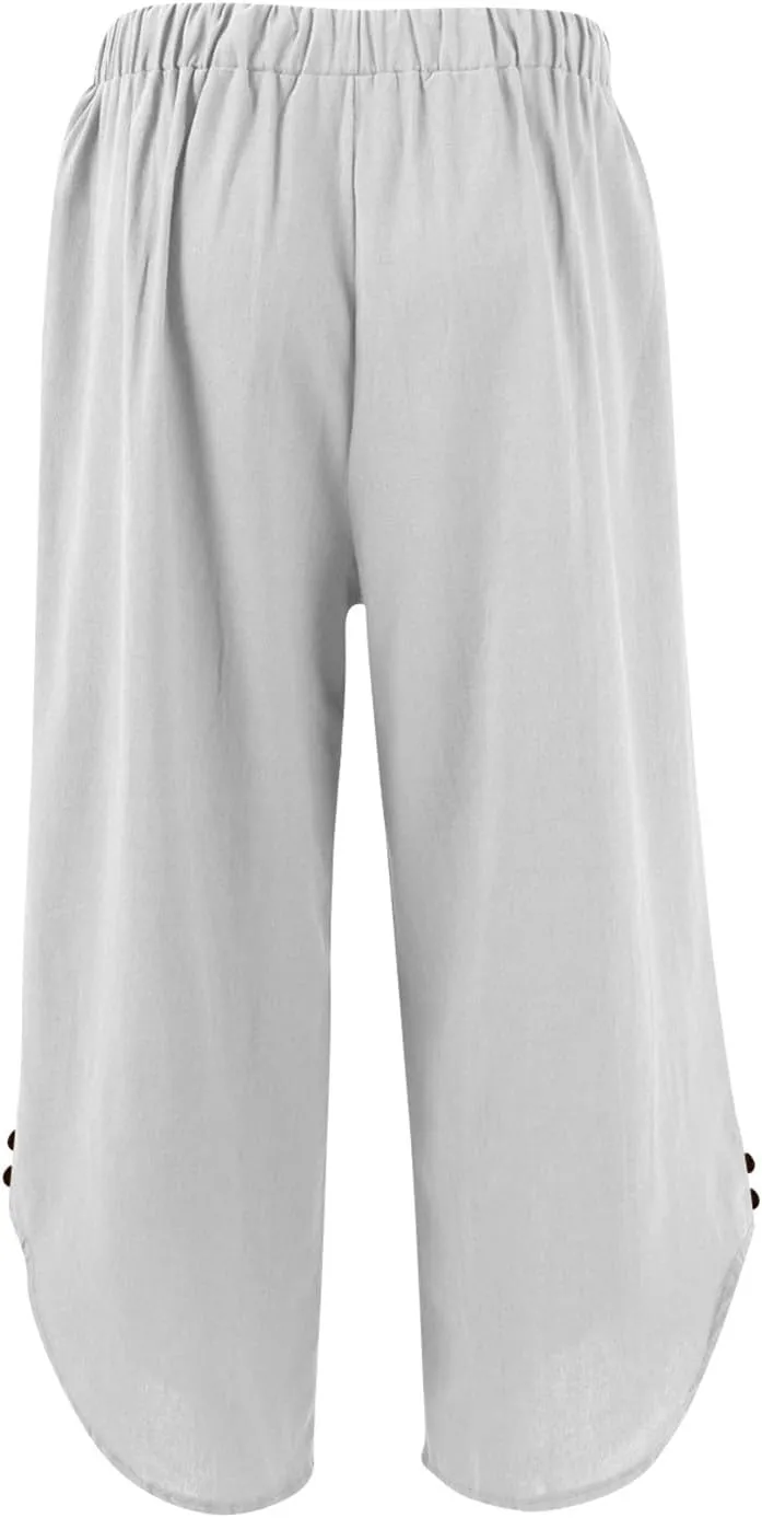 Cropped Linen Pants Women Cute Summer Comfy Loose Drawstring Elastic High Waisted Wide Leg Lounge Pants with Pockets