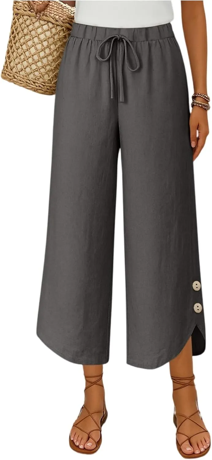 Cropped Linen Pants Women Cute Summer Comfy Loose Drawstring Elastic High Waisted Wide Leg Lounge Pants with Pockets