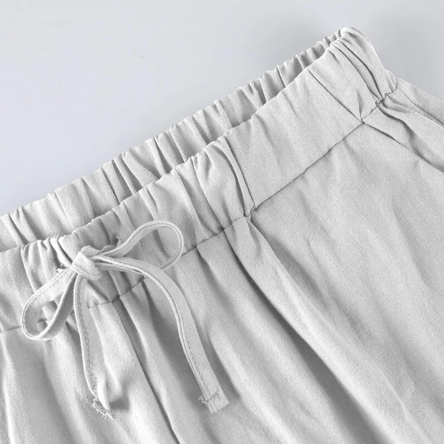 Cropped Linen Pants Women Cute Summer Comfy Loose Drawstring Elastic High Waisted Wide Leg Lounge Pants with Pockets
