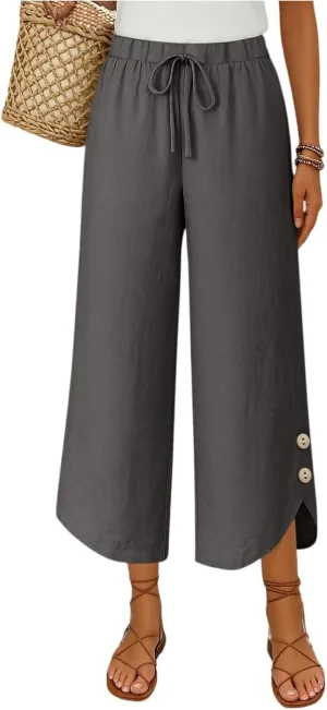 Cropped Linen Pants Women Cute Summer Comfy Loose Drawstring Elastic High Waisted Wide Leg Lounge Pants with Pockets