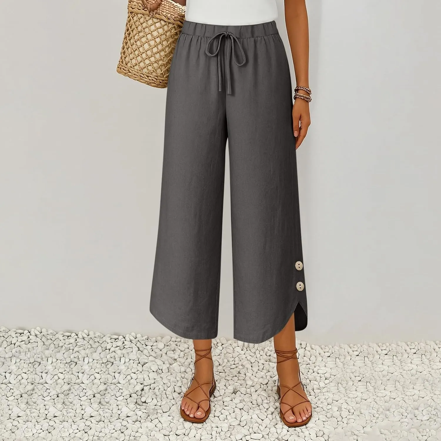 Cropped Linen Pants Women Cute Summer Comfy Loose Drawstring Elastic High Waisted Wide Leg Lounge Pants with Pockets