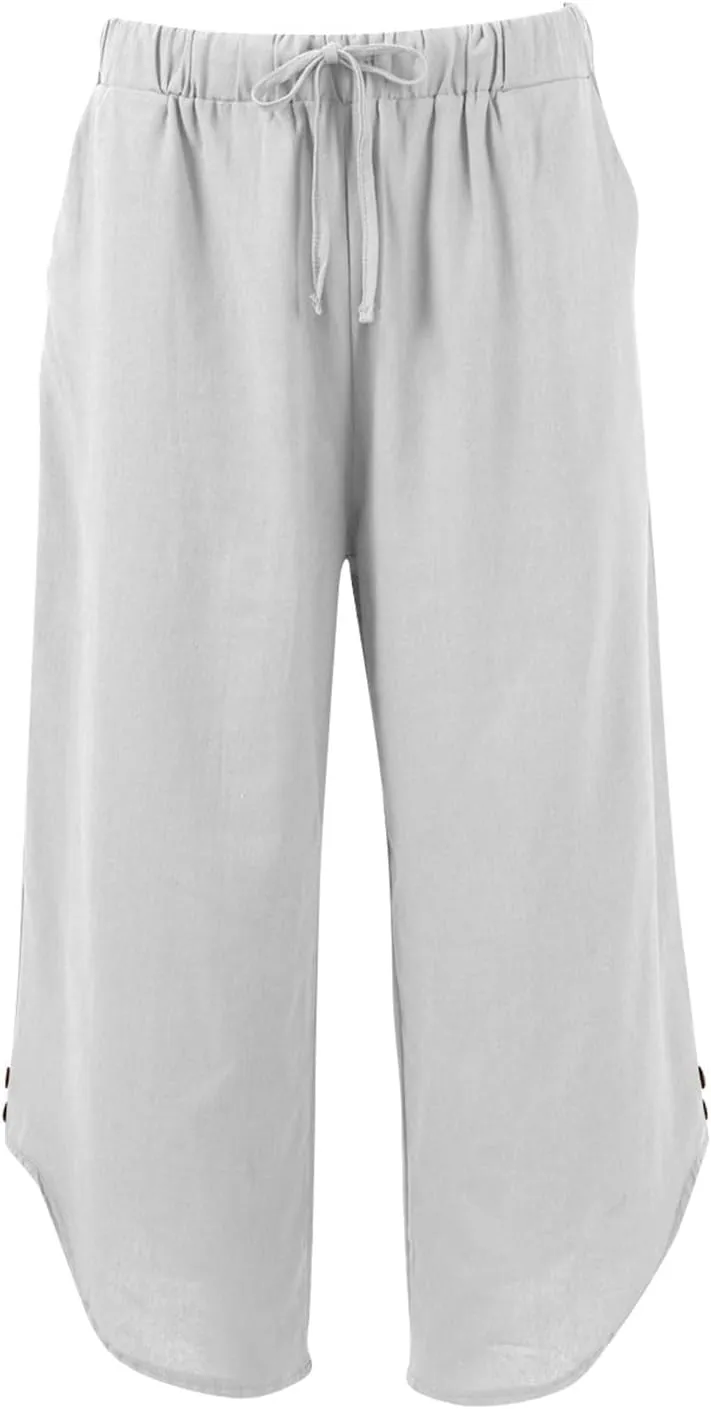 Cropped Linen Pants Women Cute Summer Comfy Loose Drawstring Elastic High Waisted Wide Leg Lounge Pants with Pockets